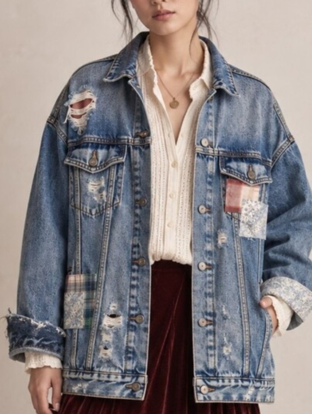 Women’s Distressed Patchwork Denim Jacket - Blue